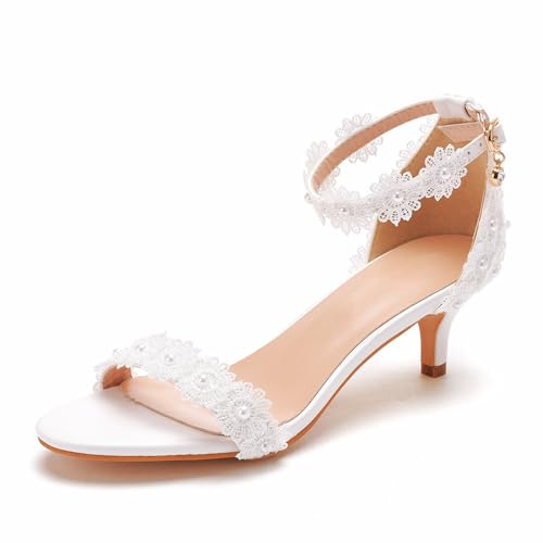 Damen Brautschuhe, 5 CM Elegante Spitzenblumen Peep Toe Stiletto Sandalen, Braut, Hochzeit, Party, Abendkleid, Alltag, Büro, High-Heel-Sandalen, 37 EU,White von AERXHF