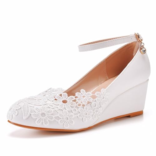 Damen Brautschuhe, 5 CM Elegante Spitzenblumen-Sandalen mit Keilschnalle, Hochzeit, Party, Geburtstag, Abend, Alltag, Büro, Brautpumps, 35 EU,White von AERXHF