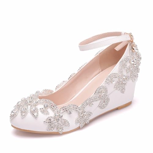 Damen Brautschuhe, 5 CM Elegante funkelnde Strass-Blumen-Keilschnallen-Sandalen, Hochzeit, Party, Geburtstag, Abend, Alltag, Büro, Brautpumps, 35 EU,White von AERXHF