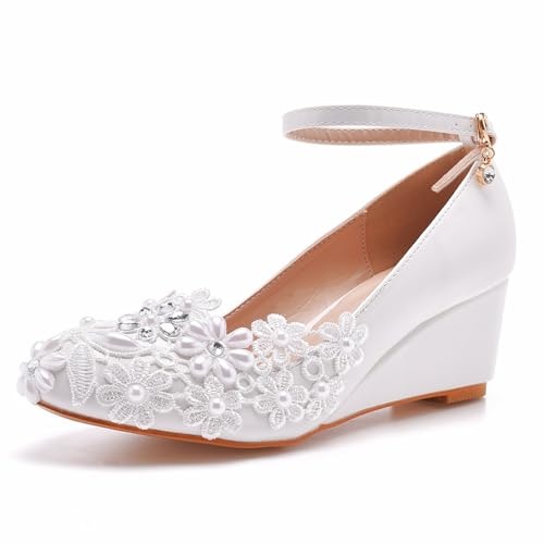 Damen Brautschuhe, 5 CM Spitze Strass Perlen Blumen Keilschnalle Sandalen, Hochzeit, Party, Geburtstag, Abend, Alltag, Büro, Brautpumps, 35 EU,White von AERXHF