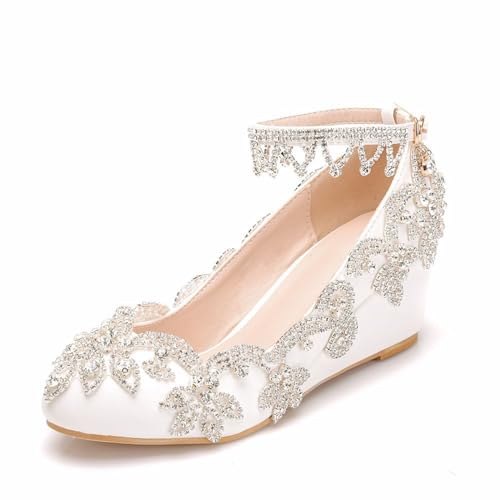 Damen Brautschuhe, 5 CM Strass-Blumenquasten-Knöchelriemen, glänzende Keilsandalen, Hochzeit, Party, Geburtstag, Abend, Alltag, Büro, Brautpumps, 35 EU,White von AERXHF