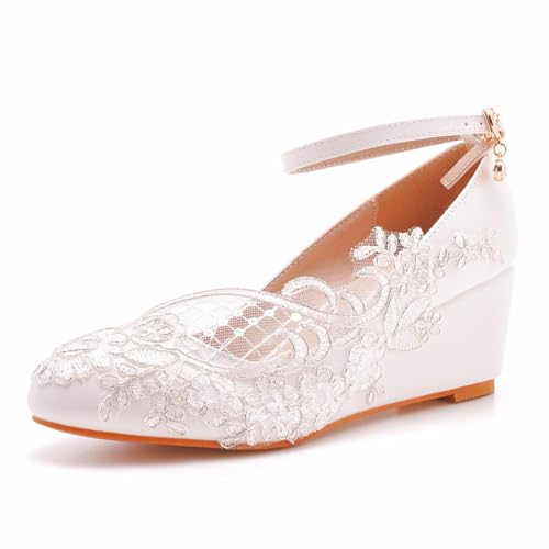 Damen Brautschuhe, 5 CM Temperament Mesh Blumen Abnehmen Keil Schnalle Sandalen, Hochzeit, Party, Geburtstag, Abend, Alltag, Büro, Brautpumps, 35 EU,White von AERXHF