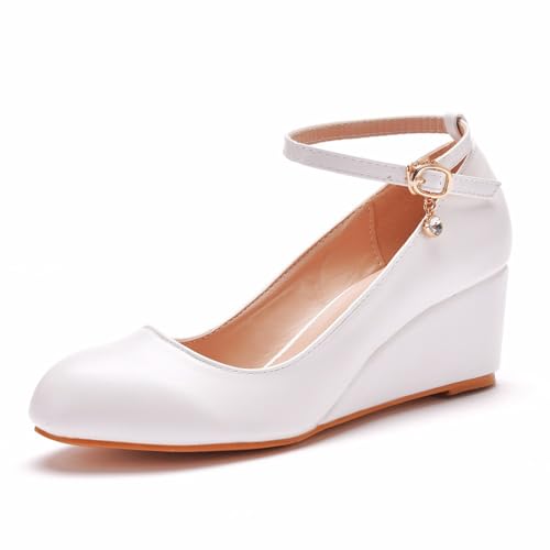 Damen Brautschuhe, 5 CM einfache einfarbige schlankmachende Keilschnallensandalen, Hochzeit, Party, Geburtstag, Abend, Alltag, Büro, Brautpumps, 35 EU,White von AERXHF