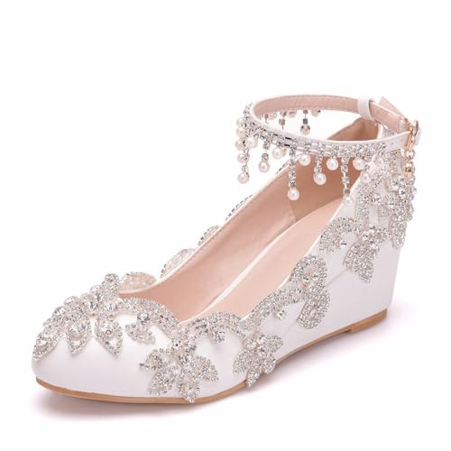 Damen Brautschuhe, 5 cm glänzende Strass-Blumen-Quasten-Knöchelriemen-Sandalen mit Keilschnalle, Hochzeit, Party, Geburtstag, Abend, Alltag, Büro, Brautpumps, 35 EU,White von AERXHF