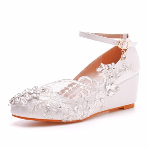 Damen Brautschuhe, 5 cm glänzende Strass-Mesh-Blumen-Keilschnallen-Sandalen, Hochzeit, Party, Geburtstag, Abend, Alltag, Büro, Brautpumps, 35 EU,White von AERXHF