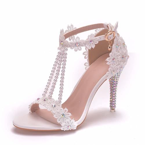 Damen Brautschuhe, 9 cm Strass Perlen Spitze Blumen Peep Toe Stiletto High Heel Sandalen, Braut, Hochzeit, Party, Abend, Alltag, Kleid, Büro, Pump-Sandalen, 41 EU,White von AERXHF