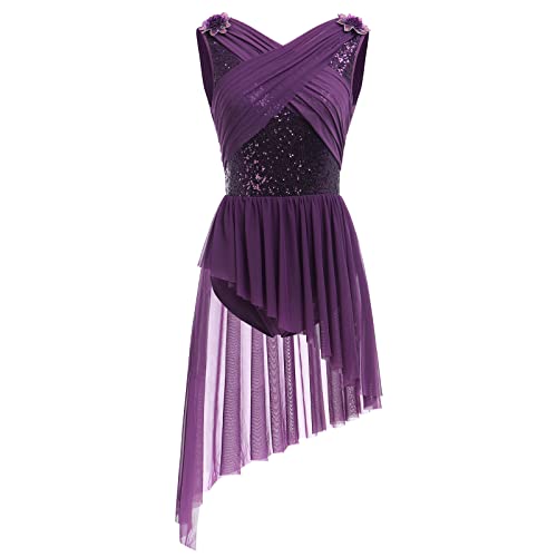 AFAVOM Damen Lyrical Dance Kostüm Pailletten Blume Lyrical Kleid Asymmetrisch Flowy Tüll Rock Moderne Tanzkostüme, Violett, Mittel von AFAVOM