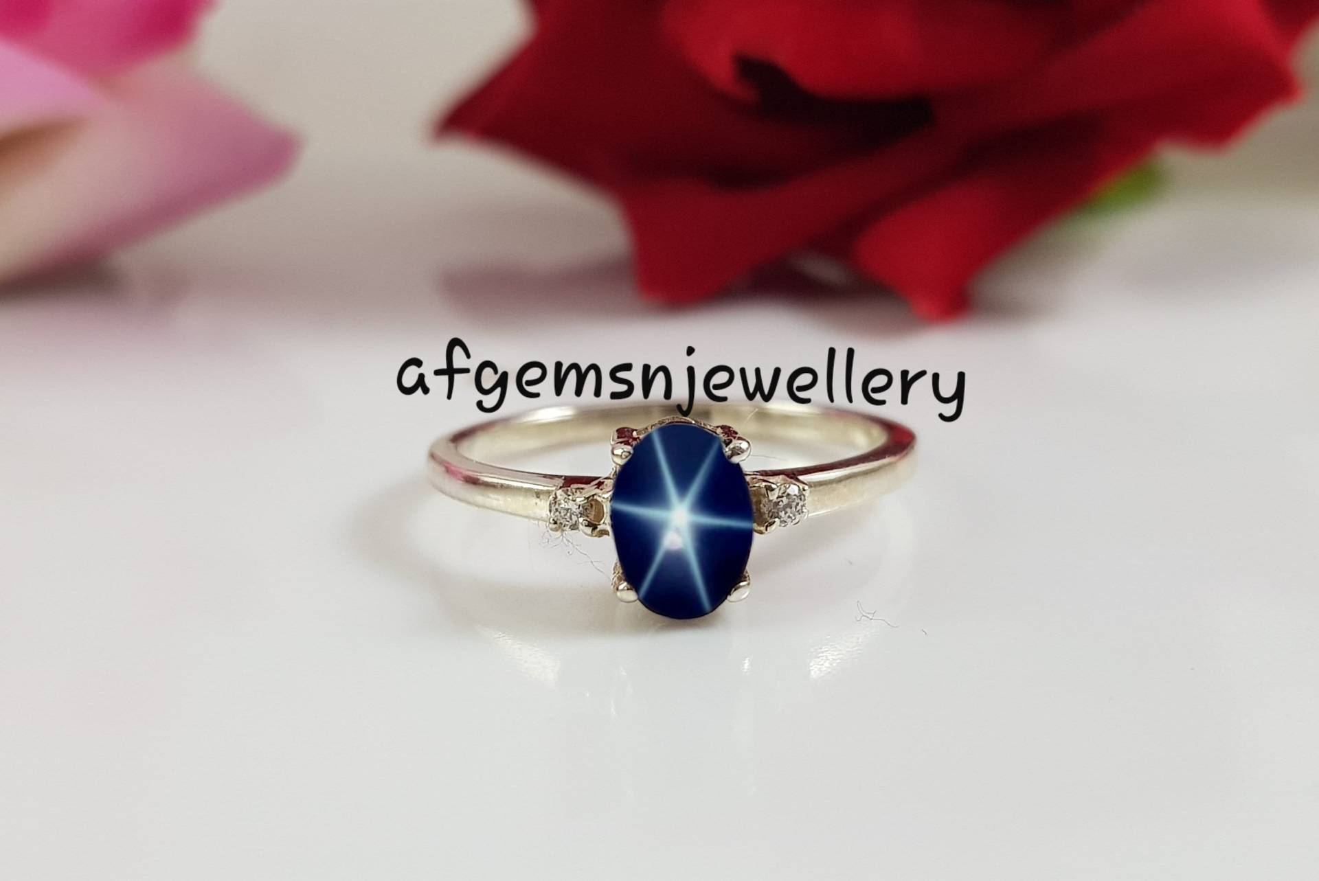 Zierlicher Blauer Stern Ring Lindy Aus 925 Sterling Silber 6 Saphir Für Frauen von AFGEMSNJEWELLERY