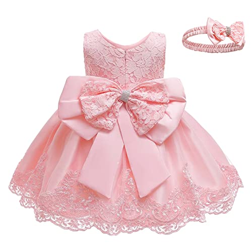 AGQT Baby Mädchen Kleid mit großer Schleife, ärmellos, Taufkleid,Geburtstagsparty-Kleid, Blumenmädchen, Festzug, Taufe, Hochzeit, Tutu-Kleid, Rosa, einfarbig, Größe 12–18 Monate von AGQT