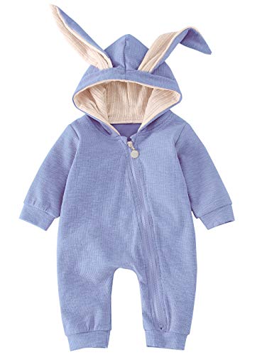 AGQT Infant Ostern Hasen Kostüm Baby Strampler,Ostern Outfit Overall Baby Winter Kapuzenpullover Wärmer Schneeanzug 3D Niedlich Ostern Hasenohr Jumpsuit Für Jungen Mädchen Blau 6-12 Monate von AGQT