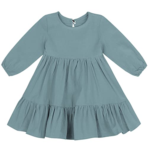 AGQT Kinder Baby Mädchen Kleid Laterne Langarm Rüschen Einfarbig A-Linie Freizeit Kleider Mädchen Herbst Winter Outfit Kleidung Festliches Kleid Blau Grün 3-4 Jahre von AGQT