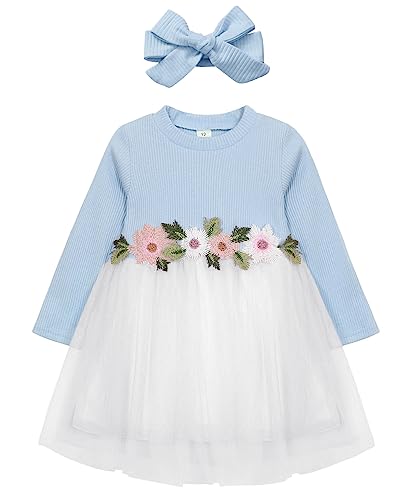 AGQT Kleider für Baby Mädchen Bestickt Tüll Tutu Blumenmädchen Lange Ärmel Kleid Blume Kleid für Hochzeit Geburtstag Party Blau 18-24 Monate von AGQT