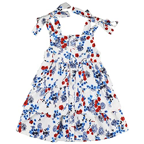 AGQT Kleider für Baby Mädchen Sommerkleid Schlinge Blumen Knöpfen Verstellbarer Träger Freizeit Strandkleid Festliches Kleid Rot Blau Blume auf Weiß Größe 12-18 Monate von AGQT