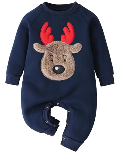 AGQT Neugeborenes Baby Weihnachten Strampler Rentier Print Herbst Winter Langarm Overall Mädchen Jungen Weihnachten Kleidung Outfit Dunkelblau 0-3 Monate von AGQT