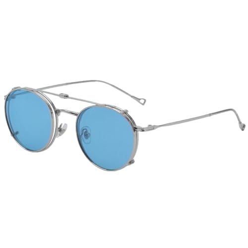 AGRIEVE Blaugrüne runde Sonnenbrille für Männer zum Aufstecken, zusammenklappbar, UV400-Brille für Damen, Metallrahmen, männlich, Autofahren, Silber mit Blau, Einheitsgröße von AGRIEVE