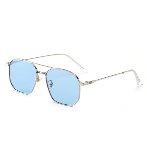 AGRIEVE Retro-Sonnenbrille mit doppeltem Metallrahmen für Damen, modische Sonnenbrille mit klaren Ozeangläsern, UV400-Schutz für Herren, trendige quadratische Sonnenbrille, Silberblau, Einheitsgröße von AGRIEVE