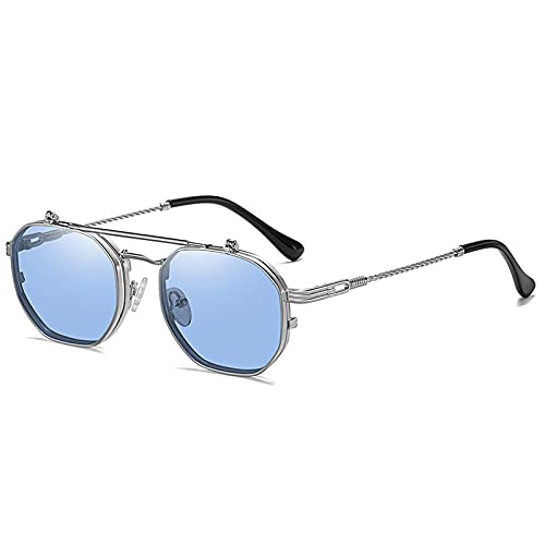 AGRIEVE Sonnenbrille im Retro-Stil, Metall, Punk, Polygon, quadratisch, für Herren und Damen, Flip-Case, klare Ozeanlinse, UV400, Silberblau, Einheitsgröße von AGRIEVE