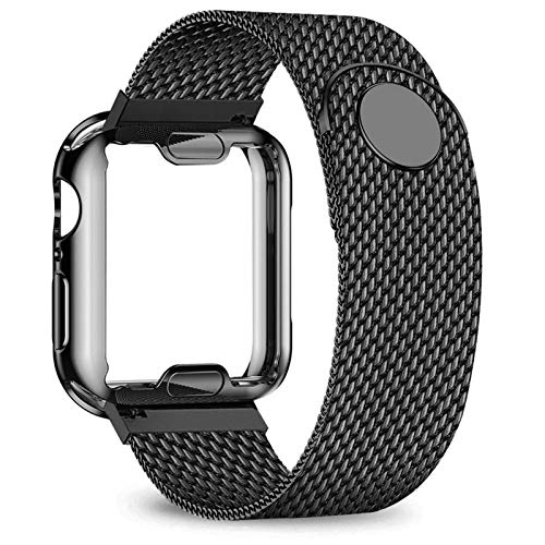 AHGDDA Hülle + Armband für Watch Band 40 mm, 44 mm, 38 mm, 42 mm, beschichtetes Gehäuse + Metallgürtel, Edelstahlarmband für i-Watch Serie 7, 6, 5, 4, 3, 2 se (Farbe: Schwarz, Größe: 42–44 mm) von AHGDDA