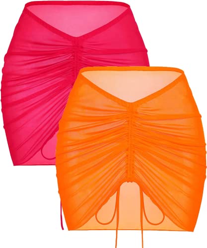 AI'MAGE 2-teiliger Damen-Bikini, durchsichtig, Netzstoff, gerüschter Rock für Bademode, S-XXL, Orange und Rosarot, XX-Large von AI'MAGE