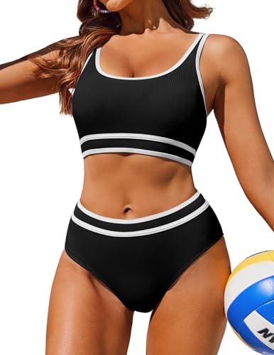 AI'MAGE Bikini Set Damen Sexy Bauchweg Bademode Push Up Sportbikini High Waist Badeanzug Gerippte, Schwarz S von AI'MAGE