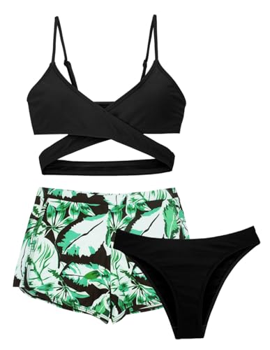 AIEOE 3 Stück Tropical Print Criss Cross Bikini Set Badeanzug mit Cover Up Shorts Böhmisch 10-11 Jahre Schwarz 01 von AIEOE