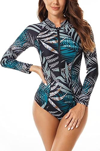 AIEOE Damen Bademode Badeanzug UV-Schutz Reißverschluss Langarm Shirt Slim-Fit Surf Shirt Kordelzug Badeshirts Tops Langarm Badeanzüge Bedruckt UV von AIEOE