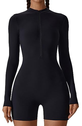 AIEOE Damen Bodycon Jumpsuit Slim Fit Dehnbar Unitards Frauen Workout Einteiliges Outfit Langarm Fitness Bodysuit Schwarz Nahtlos Strampler für Yoga Running Gym XL von AIEOE