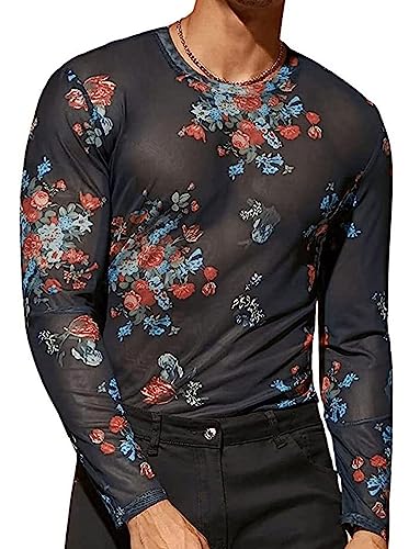 AIEOE Durchsichtiges Hemd Herren Shirt Langarm Netz Clubwear Party Langarmshirt Blumen EU Größe XS/Herstellergröße S von AIEOE