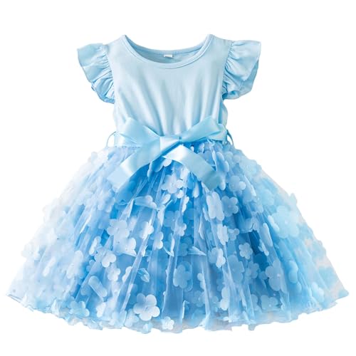 AIEOE Elegantes Mädchen Kleid mit Futter und Rüschenärmel Rosa Partykleid Floral Tüll für Party Zeremonie Geeignet für 2-3 Jahre Blau von AIEOE