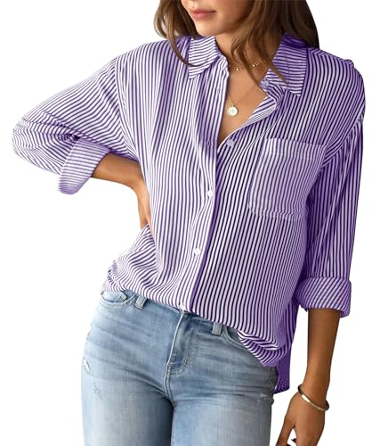 AIEOE Hemden Button Down Damen Gestreifte Oberteile Langarm Hemden Elegante Bluse Stilvolle Tunika Shirt Büro Arbeit Blusen mit V-Ausschnitt L Lila von AIEOE