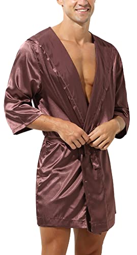 AIEOE Herren Bademantel Satin Morgenmantel Seidiger Bathrobes Knielang Nachtwäsche Kimono Braun A Größe XL von AIEOE