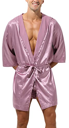 AIEOE Herren Bademantel Satin Morgenmantel Seidiger Bathrobes Knielang Nachtwäsche Kimono Rosa A Größe L von AIEOE