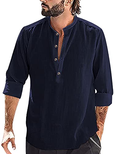 AIEOE Herren Baumwolle Leinenhemd Frühling Sommer Hemd Langarm Leinen Freizeithemd Atmungsaktiv Bequem Sommerhemd Casual Shirt - XL von AIEOE