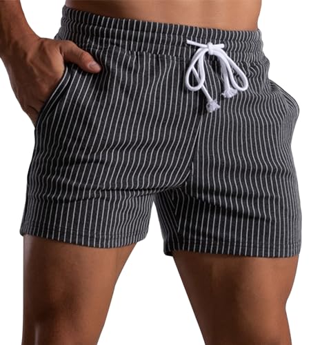 AIEOE Herren Baumwolle Shorts Running Shorts Joggingshose Sweatshorts für Gym oder Freizeit Laufshorts Gestreift Dunkelgrau Herstellergöße L/EU Größe S von AIEOE