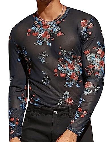 AIEOE Herren Netzshirt Langarm Muskel Netzhemd Sexy Blumen Transparent T-Shirt Netz Hemd Shirts Club Wear Sommer Netzoberteil - EU XL von AIEOE