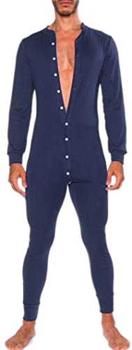 AIEOE Herren Pyjama Lang Einteiler Schlafanzug Jumpsuit Strampler Nachtwäsche Hausanzug mit Streifen-Design und Knopfleiste von AIEOE