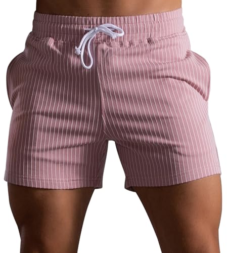 AIEOE Herren Sport Shorts Baumwolle Sweathose Kurz Männer Atmungsaktiv Sweatshorts mit Kordelzug Gestreift Rosa Herstellergöße L/EU Größe S von AIEOE