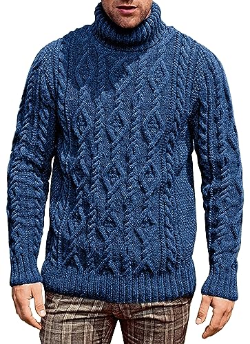 AIEOE Herren Strickpullover mit Rollkragen Warmer Pullover mit Zopfstrickmuster Langarm Sweater Blau Größe XL von AIEOE