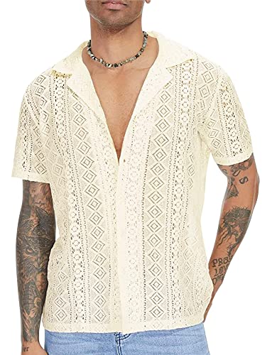 AIEOE Herren Transparent Shirts Lace Hemd Sommer Kurzarm Freizeithemd Spitze T-Shirt Männer Spitzenhemd Lässig V-Ausschnitt Sommerhemd - XXL von AIEOE