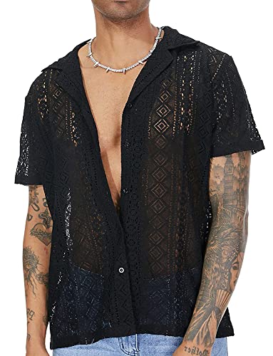 AIEOE Herren Transparent Shirts Lace Hemd Sommer Kurzarm Freizeithemd Spitze T-Shirt Männer Spitzenhemd Lässig V-Ausschnitt Sommerhemd - XXL von AIEOE