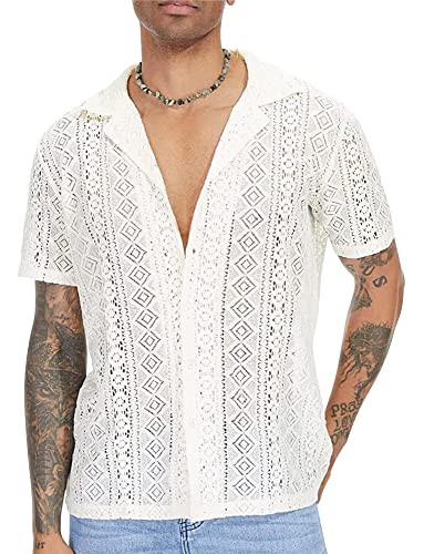 AIEOE Herren Transparent Shirts Lace Hemd Sommer Kurzarm Freizeithemd Spitze T-Shirt Männer Spitzenhemd Lässig V-Ausschnitt Sommerhemd - XXL von AIEOE