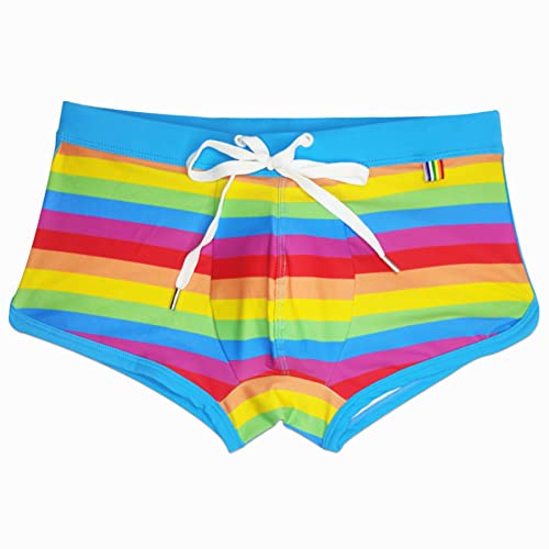 AIEOE Schwimmhose Herren Kurz Eng Badehose Slip Sexy Badeslip Bunt Streifen Schwimmhose Abnehmbares Pad Badeshorts Sommer Strand Pool - L von AIEOE