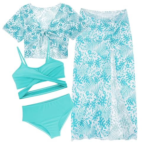 AIEOE Set 4 Stück Tie-Dye Badeanzug Mädchen Kinder Bikini Sonnenschutz Set Badeanzug mit Rock 8 Jahre Grün B von AIEOE