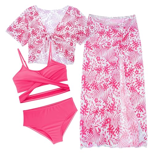 AIEOE Set 4 Stück Tie-Dye Badeanzug Mädchen Kinder Bikini Sonnenschutz Set Badeanzug mit Rock 8 Jahre Rosa B von AIEOE