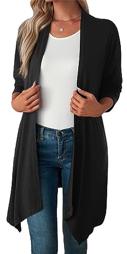 AIEOE Sommerjacke Damen Leicht Langarm Strickjacken Langer Schwarz Cardigan Casual Offene Dünne Jacke Hoher Niedriger Saum Wasserfall Cardigans XXL von AIEOE