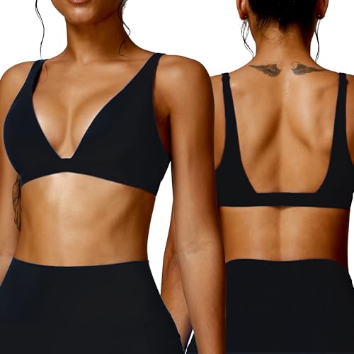 AIEOE Workout BH Damen Sport BH Fitness Yoga Bra Ohne Bügel Bustier Push up Bralettes Gepolstert Stretch BH mit Tiefes V-Ausschnitt S Schwarz von AIEOE