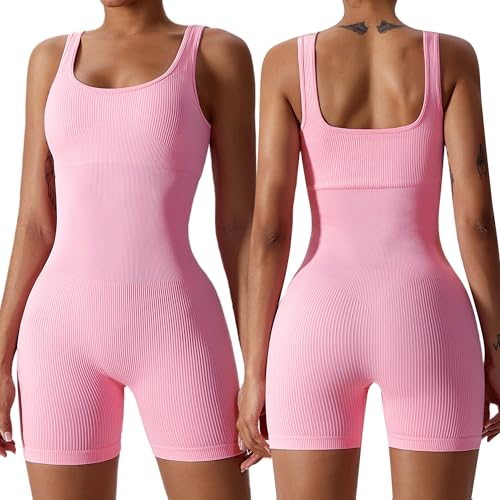 AIEOE--Sport Bodysuit Damen Jumpsuit Kurz Yoga Shaping Bodycon Einteiler Playsuit Ärmellose Stretch Nahtlos Overall Sommer Tank Top Fitness Workout Romper M Rosa von AIEOE