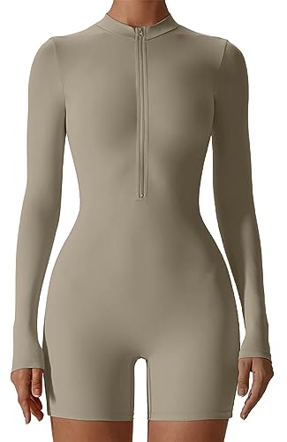 AIEOE Unitards für Damen Yoga Jumpsuits Langarm Shorts Sport Romper Einteilig Eng Bodycon Jumpsuit Grau Workout Gerippter Bodysuit Half Zip Dehnbar Playsuit S von AIEOE