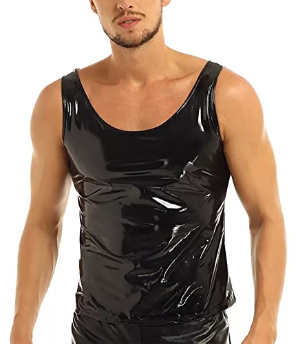 Herren Latex Weste T-Shirt Freizeithemd Sommer Muskel Top Wetlook Oberteil Clubwear Leder Optik Männer Shirt Unterhemd Unterwäsche Stretch Hemd Tops L von AIEOE