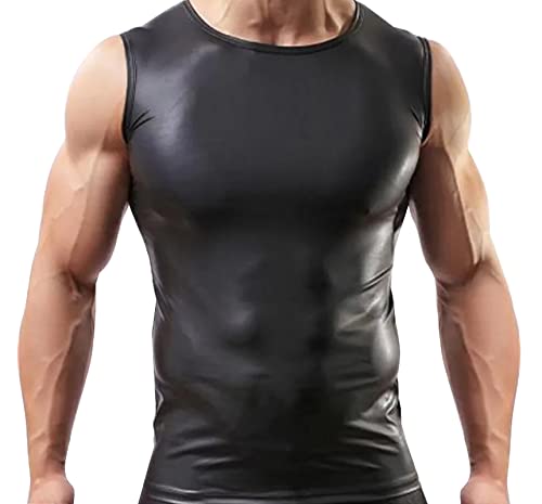 Herren Sexy Leder Weste Ärmellos T-Shirt Unterwäsche Tank Tops Wetlook Unterhemd Bodysuit Gym Muskel Weste Mode M von AIEOE